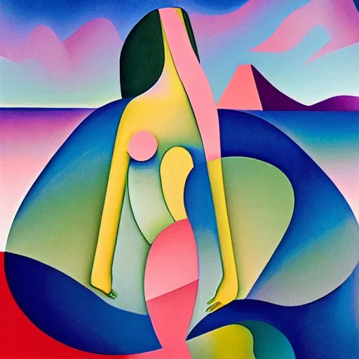 Image similar to woman as the natural landscape, her curves form the mountains and rivers of the land , high quality art in the style of cubism and georgia o’keefe,