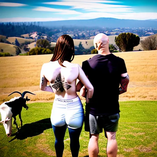 Prompt: portrait of a bald white male tattoos and his white female brown hair wife with tattoos. male is wearing a white t - shirt, tan shorts, white long socks. female is has long brown hair and a lot of tattoos. photo taken from behind them overlooking the field with a goat pen. rolling hills in the background of california and a partly cloudy sky