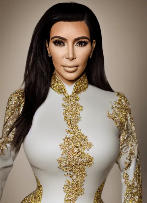 Image similar to portrait of kim kardashian wearing ao dai, by charlotte grimm, studio light, detailed face, canon eos c 3 0 0, ƒ 1. 8, 3 5 mm, 8 k, medium - format print, half body shot