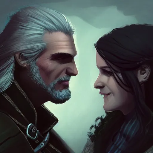 Prompt: Portrait of Geralt of Rivia with a smiling Yennefer of Vengerberg leaning her head on his shoulder, character design, fantasy, cartoon, bright atmosphere, highly detailed, ArtStation, trending on ArtStation, by Matthew Orders