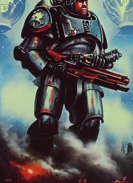 Image similar to a movie poster with a space marine holding a big gun, poster art by drew struzan, cgsociety, retrofuturism, reimagined by industrial light and magic, poster art, movie poster, dramatic atmosphere