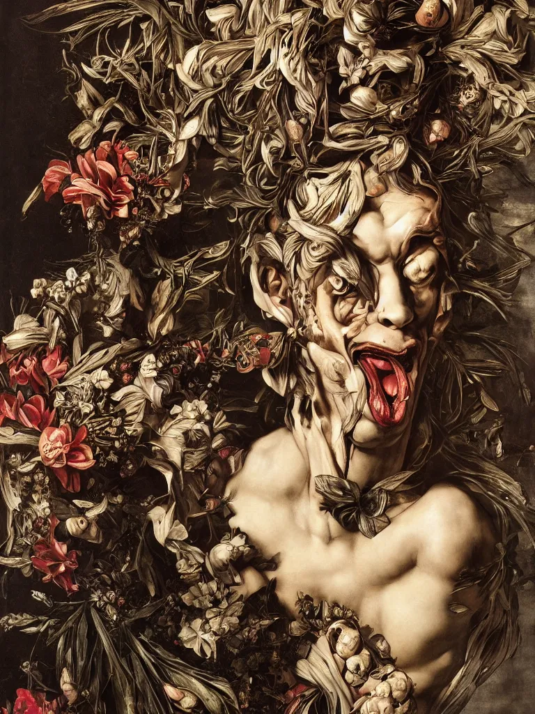 Image similar to Detailed maximalist portrait a Greek god bust with large lips and with large white eyes, angry, fleshy botany, HD mixed media 3d collage, highly detailed and intricate, surreal illustration in the style of Caravaggio, dark art, baroque