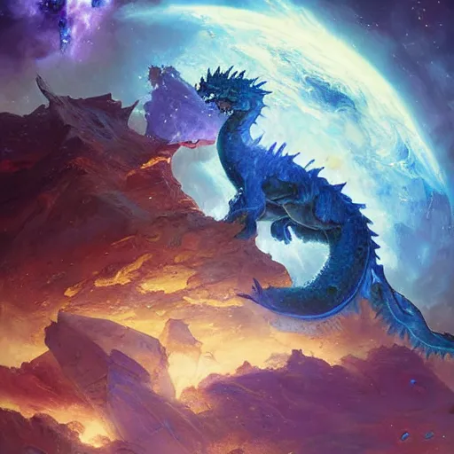 Image similar to prompt blue crystalline European dragon devouring a planet, space, planets, moons, sun system, nebula, oil painting, by Fernanda Suarez and and Edgar Maxence and greg rutkowski