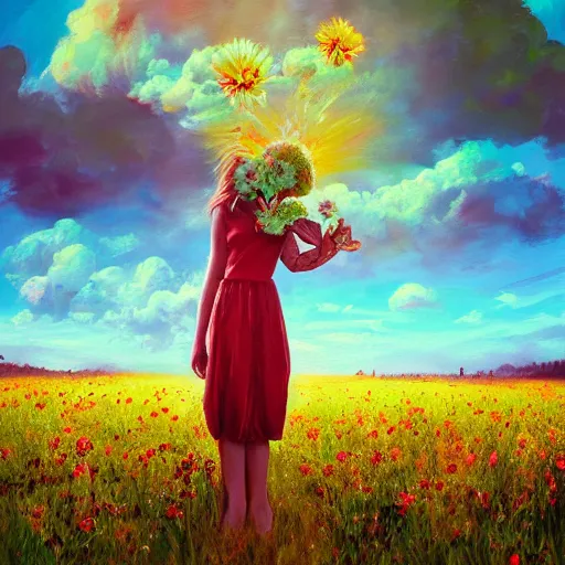 Image similar to girl with an exploding flower for a head, surreal photography, dream, standing in flower field, magical, in a valley, sunrise dramatic light, impressionist painting, colorful clouds, artstation, simon stalenhag, flower face