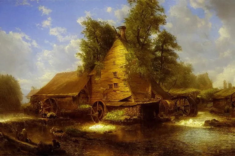 Image similar to a paint of a watermill golden hour by andreas achenbach