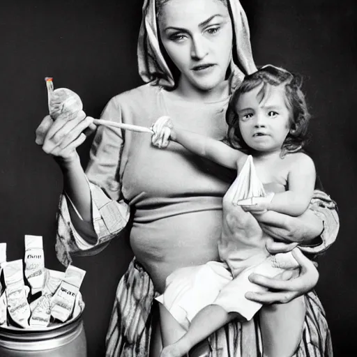 Image similar to stock photo. madonna and child, holding candy. jar of candy. lollipop, candy bar, gumdrop, fudge.