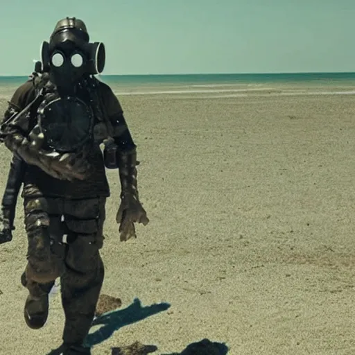 Image similar to a heavily armored man wearing a gasmask walking through a dry ocean, coral trees, film still arriflex 3 5