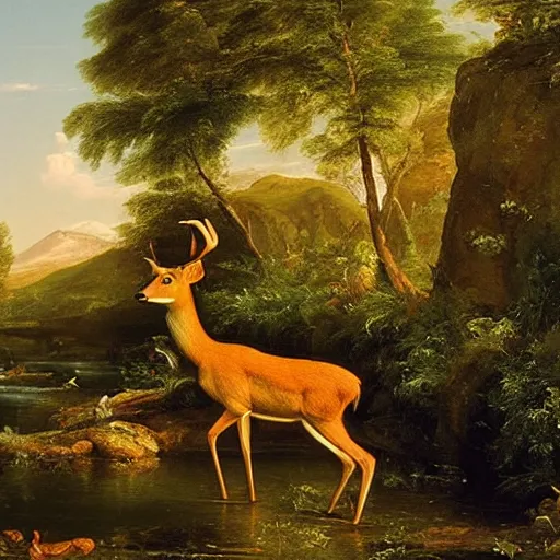 Prompt: A deer comes to drink from the stream. The deer is a metaphor for innocence. It is pure and untouched by the harshness of the world. It is gentle and fragile. An oil painting by Thomas Cole