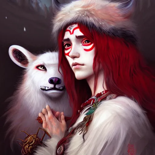 Image similar to Portrait of Princess Mononoke with red facepaint under her eyes, white fur, face, fantasy, intricate, elegant, highly detailed, digital painting, artstation, concept art, smooth, sharp focus, illustration, art by Fernanda Suarez and Artem Demura and alphonse mucha