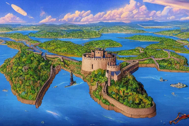 Prompt: An island fortress-city where two rivers converge to form one larger river, appalachian mixed mesophytic forest, vibrant blue sky background, by Cortes Thurman the greatest Barbizon-influenced concept artist ever known and by Joe Jusko, rendered in hyperdetailed Ultra HD, trending on ArtStation,