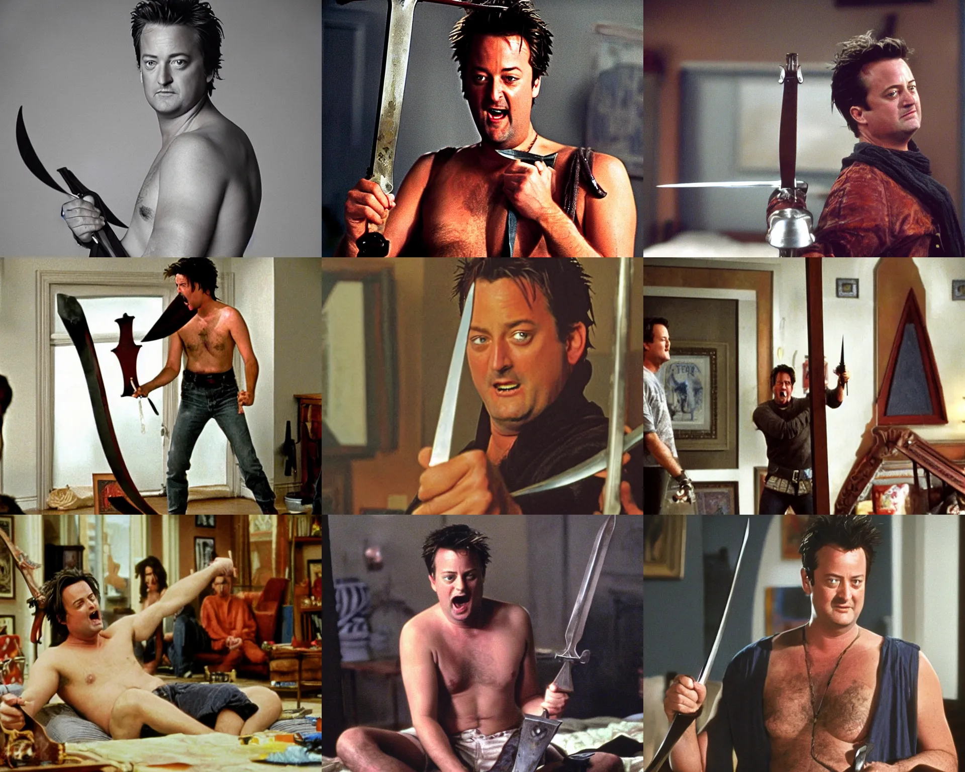 Prompt: matthew perry topless in his apartment holding a broadsword and screaming, steel broadsword,'friends'9 0 s tv show screenshot, film still, photorealistic painting,