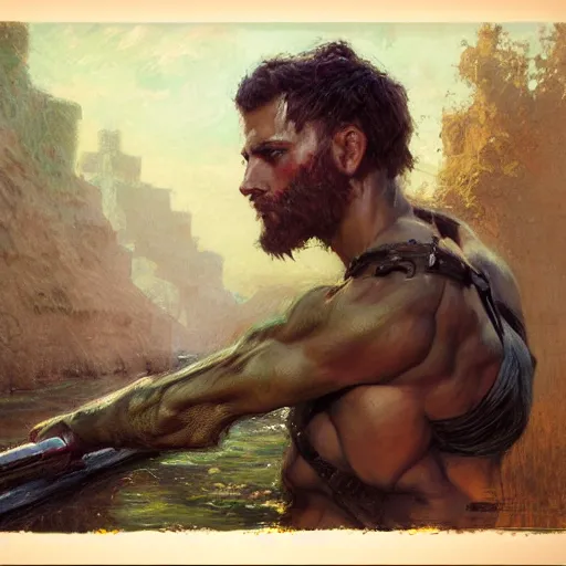 Prompt: young solider by a river, playful, male, muscular, green eyes, straight nose, beard, detailed face, gorgeous, amazing, muscular, intricate, highly detailed, painting by Gaston Bussiere, Craig Mullins