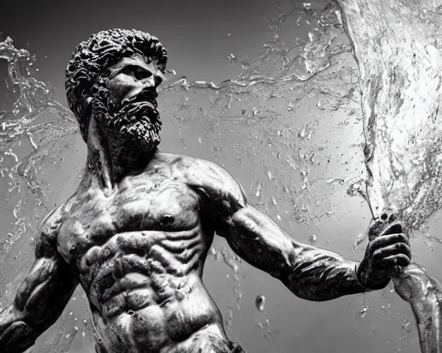 Image similar to a giant abstract sculpture of a legendary greek warrior god on the water, in the style of damien hirst, award winning, cinematic, hyper - realistic, very detailed, realistic water splashes, ray tracing, 8 k resolution, long - shot, sharp focus, low angle, 8 5 mm photograph, wide lens