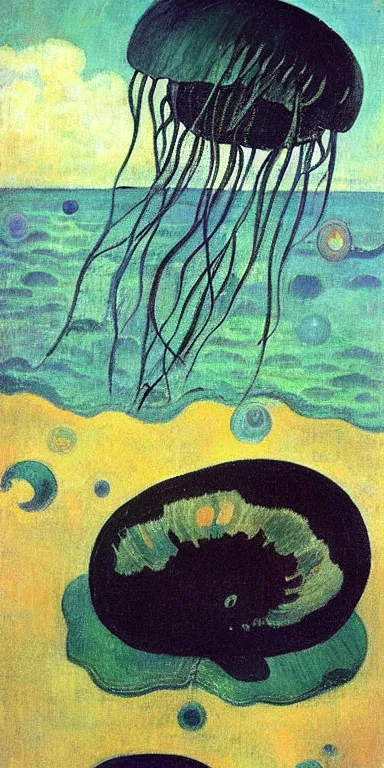 Image similar to black!! jellyfish in a vast ocean by paul gauguin, serene, calm, minimalist!!!