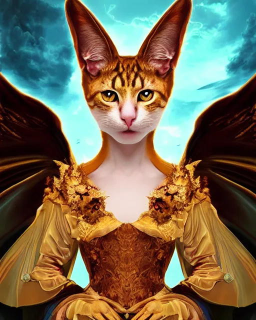 Image similar to amazing poster of detailed portrait digital rococo painting of a beautiful serious cat wearing fantasy clothing. the cat has black angel wings, evil mood, hellish battlefield in the background, unreal engine, embers flying, hyper realism, realistic shading, cinematic composition, blender render, octane render, ultrawide shot