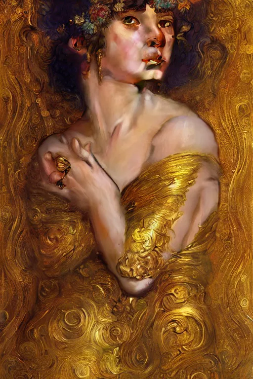 Image similar to an intricate artistic pose painting of a beautiful young muse with an artistic sensual pose with klimt golden motives and textures, hyper detailed, ornamental gold headpiece, octane render, vivid colors, artstation, by jeremy mann, by alphonse mucha, by boris vallejo