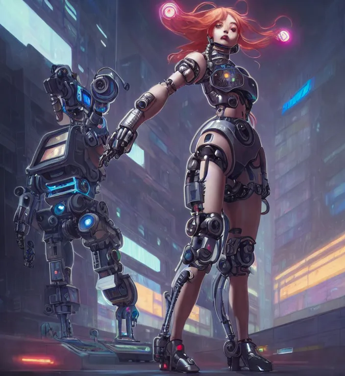 Prompt: full body painting of chuu loona cyberpunk mercenary smiling and fighting a robot, ultra realistic, concept art, intricate details, eerie, highly detailed, photorealistic, octane render, 8 k, unreal engine. art by artgerm and greg rutkowski and magali villeneuve and alphonse mucha