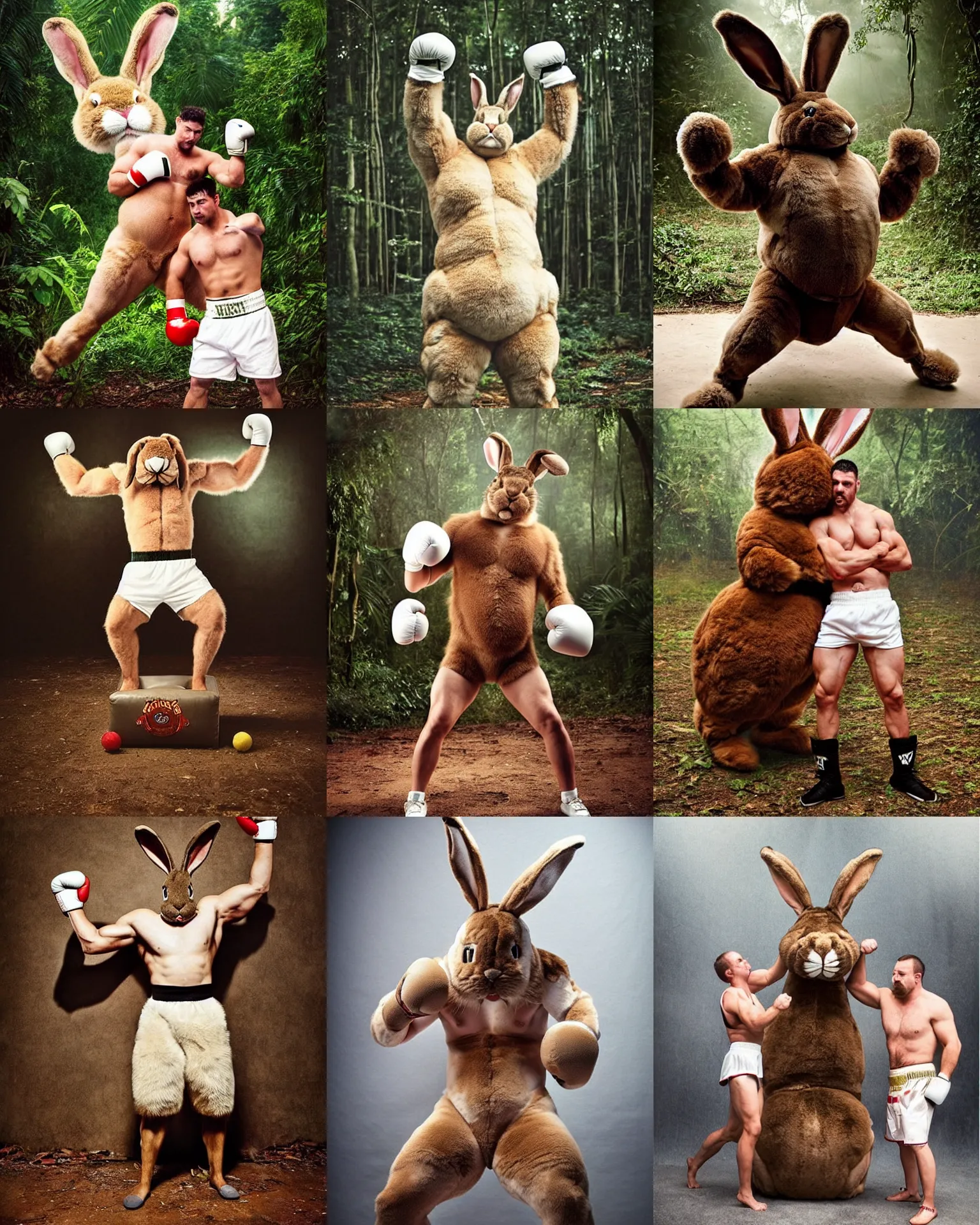 Prompt: winning pose !! giant oversized furry muscular rabbit boxer as oversized muscular boxing champion !! with big ears and boxing ring , on a jungle forest , full body , Cinematic focus, Polaroid photo, vintage , neutral dull colors, soft lights, foggy ,random weather, by oleg oprisco , by victor enrich
