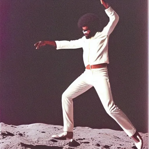 Prompt: Billy Preston (1974) dancing on the lunar surface