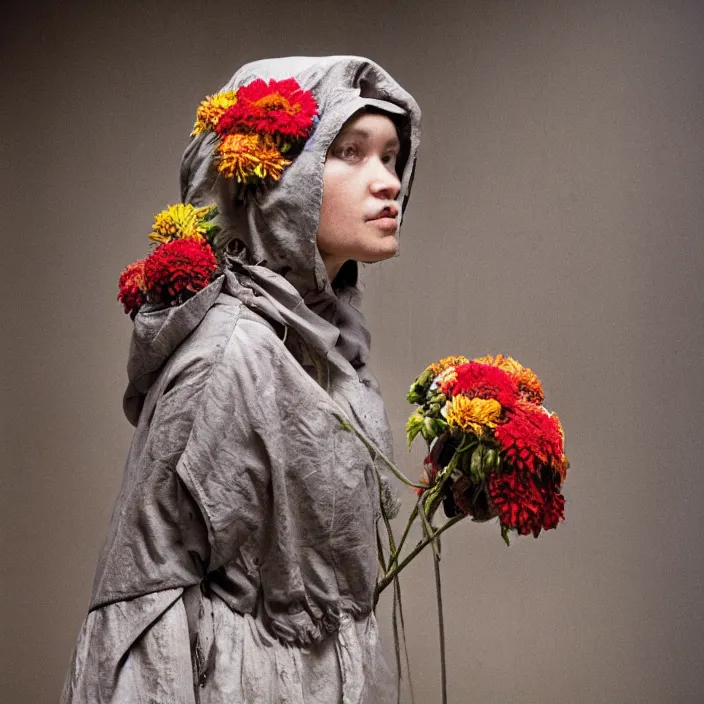 Image similar to a woman wearing a hood made of wire and zinnias, in an abandoned office building, by vincent desiderio, canon eos c 3 0 0, ƒ 1. 8, 3 5 mm, 8 k, medium - format print