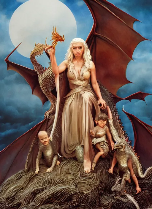 Image similar to queen daenerys stormborn with her dragon babies, by michael whelan, detailed matte painting, 8 k resolution