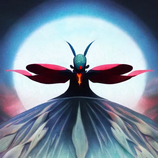 Image similar to 4K headshot of mothman with a mushroom hat and rouch clothes with giant wings , intricate face , flawless anime cel animation by Manabu Oshashi and Satoshi Kon, professionally post-processed , beautiful, scary, symmetry accurate features, epic, octane rendered, anime masterpiece, accurate