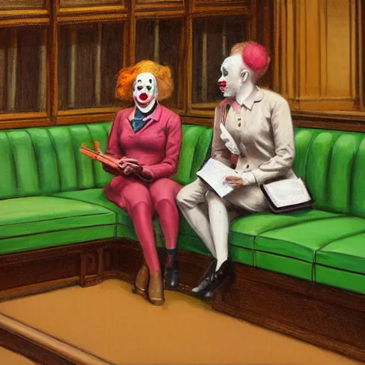 Prompt: a highly detailed beautiful portrait close up art painting of british members of parliament in the house of commons wearing pastel coloured clown costumes with pleasant oversized joyful faces, they are smoking. in the style of edward hopper, richard hamilton. concept art. green leather benches. photographic. concept. crisp digital art. no artefacts. desaturated. high fidelity facial portrait. 8 k