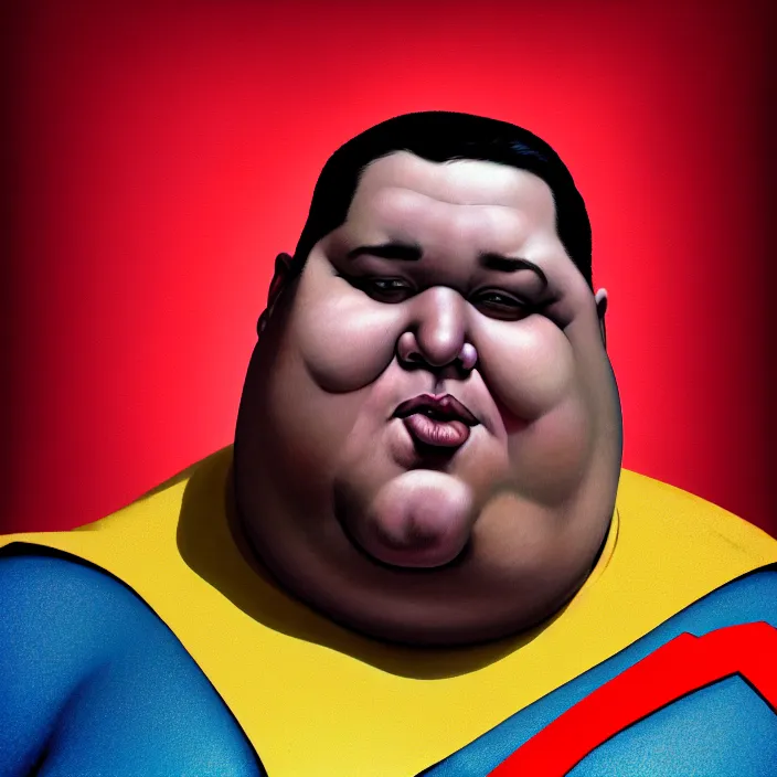 Prompt: hyperrealistic mixed media portrait of a a mordidly obese superman with his belly hanging out, stunning 3d render inspired art by P. Craig Russell and Barry Windsor-Smith + perfect facial symmetry + dim volumetric lighting, 8k octane beautifully detailed render, post-processing, extremely hyperdetailed, epic composition, grim yet sparkling atmosphere, cinematic lighting + masterpiece, trending on artstation