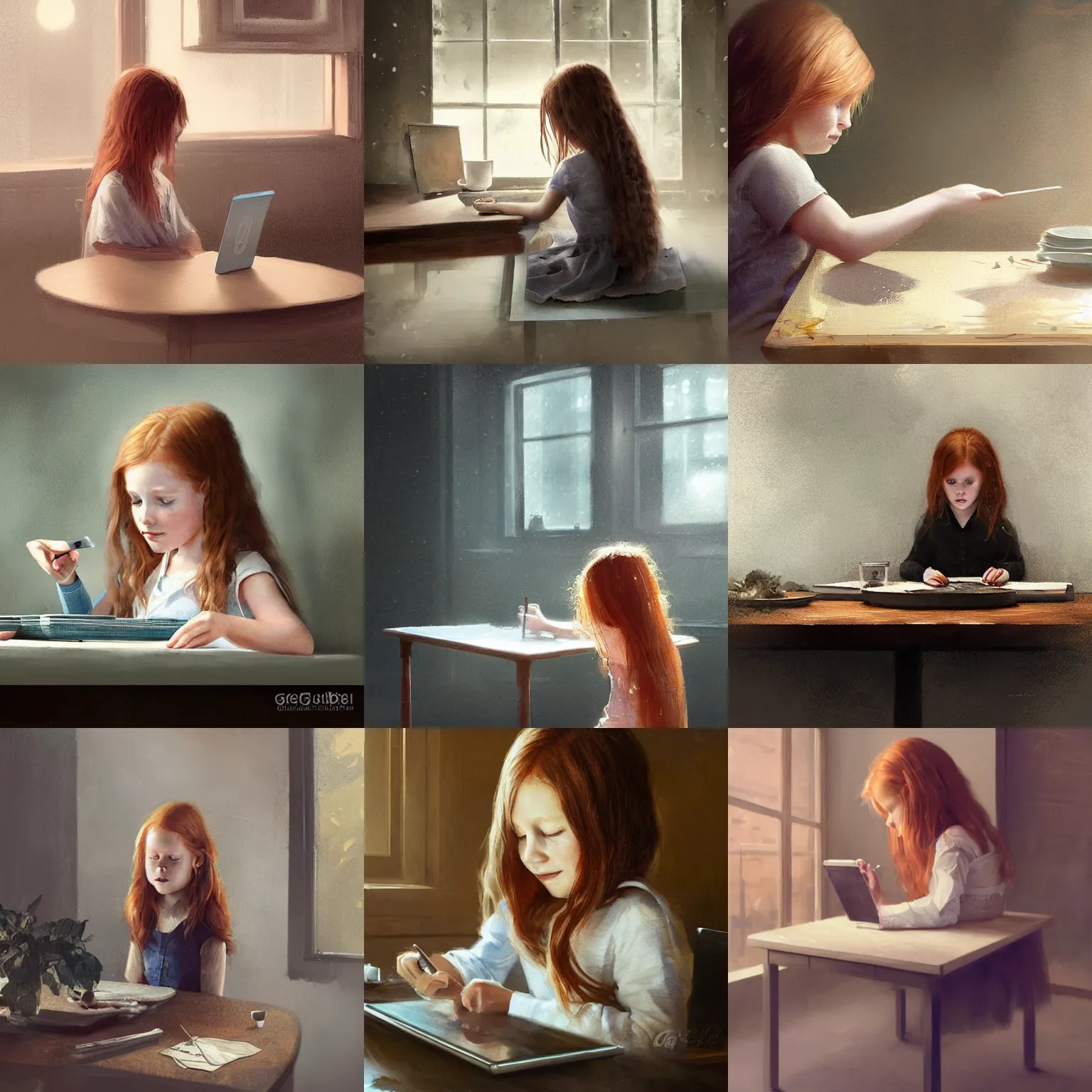 Prompt: 5 year old girl with long ginger hair, sitting at a table in the kitchen, watching videos on a tablet. highly detailed digital painting by greg rutkowski.
