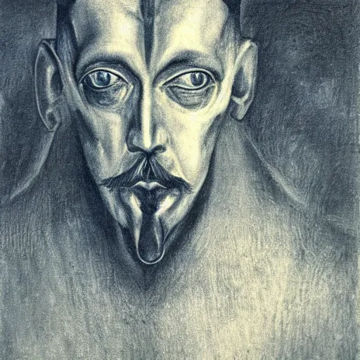 Image similar to Close-up of the angry man, pencil drawing. El Greco, Remedios Varo, Salvador Dali, Carl Gustav Carus, John Atkinson Grimshaw. Blue tint. Symetrical, logo, geometric shapes.