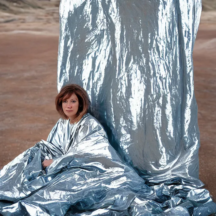 Image similar to a color photograph, closeup portrait of a woman wrapped in mylar foil blanket, sitting on a throne in badlands national park in south dakota, color photograph, by vincent desiderio, canon eos c 3 0 0, ƒ 1. 8, 3 5 mm, 8 k, medium - format print