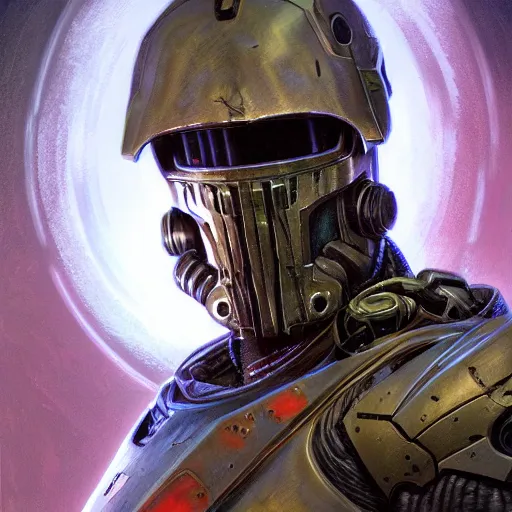 Image similar to the doomslayer as a realistic scifi cyberpunk knight, closeup portrait art by donato giancola and greg rutkowski, vintage retro scifi, realistic face, digital art, trending on artstation, glowing edge lighting, symmetry!!!