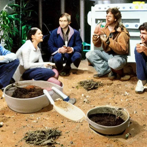 Image similar to humans on the floor eating out of a trough in an organic plant - based moonbase