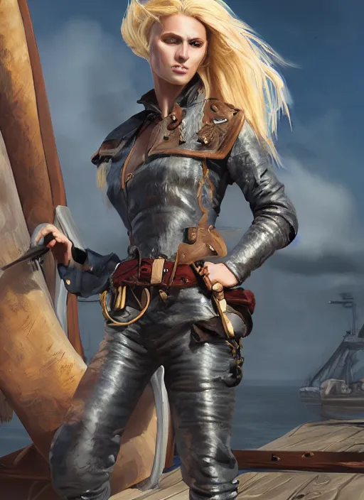 Image similar to An epic fantasy comic book style portrait painting of tall blonde haired female sky-pirate with a serious face and a pony tail in front of a metal gangplank, unreal 5, DAZ, hyperrealistic, octane render, cosplay, RPG portrait, dynamic lighting