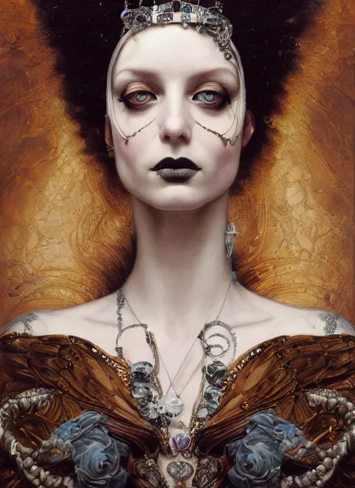 Image similar to highly detailed oil painting | very intricate | cinematic lighting | award - winning | portrait of the goddess of goth dressed by alexander mcqueen | by roberto ferri, by tom bagshaw, by j. c. leyendecker and klimt, american romanticism, by austin osman spare, artstation, cgsociety, official art, octane