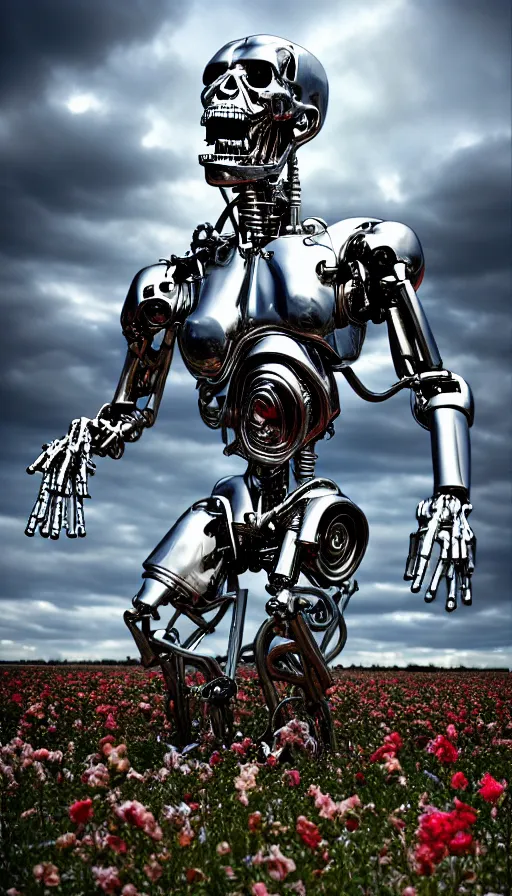 Image similar to destroyed terminator lying in a field of flowers, twisted metal, chrome, reflections, earth, terrible, anthropomorphic, photorealism, smoke, metal, 8 k, surreal, wires, smooth, sharp focus, top view, extremely detailed, ultra - realism, elegant, establishing shot, epic, by jeff koons, artgerm and greg rutkowski