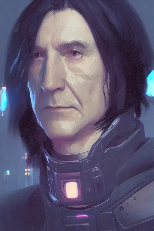 Image similar to portrait of cyborg severus snape in cyberpunk, neon lighting, night city, digital art from artstation by Ruan Jia and Mandy Jurgens and Artgerm and william-adolphe bouguereau and Greg Rutkowski