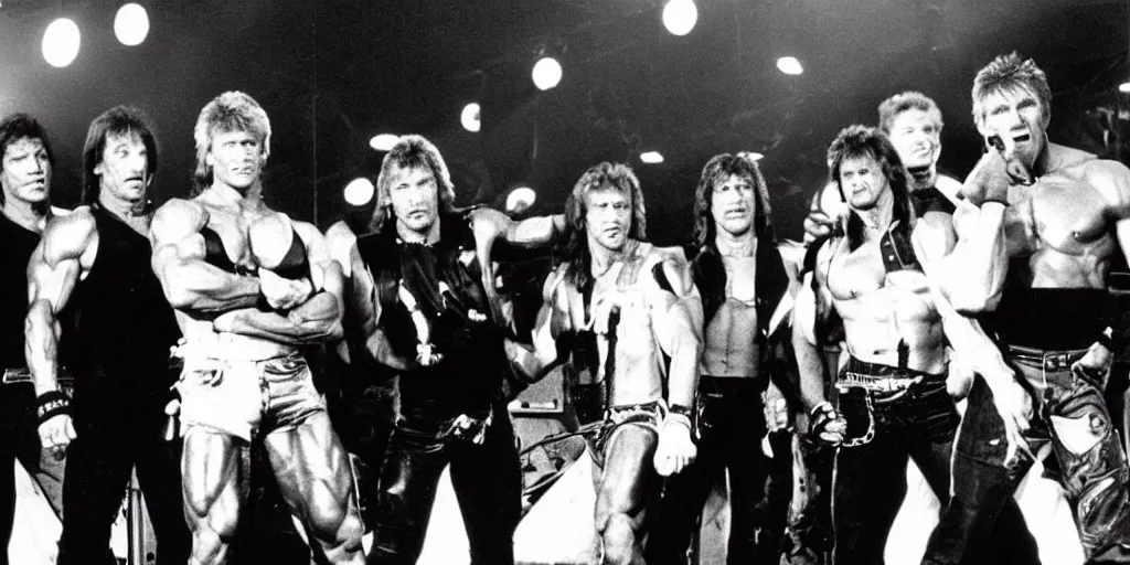 Image similar to photo off arnold schwarzenegger, sylvester stallone, dolph_lundgren, Chuck Norris and Jean-Claude Van Damme in a heavy metal band on stage 1985