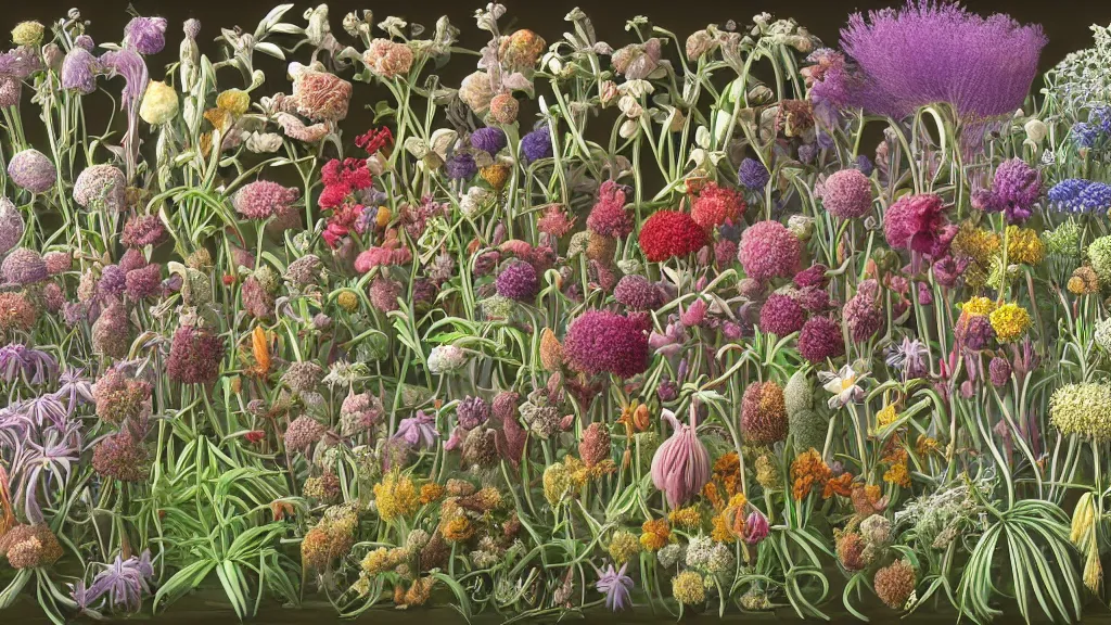 Image similar to highly detailed render of all the known species of plants and flowers by juan gatti, by moebius!, by oliver vernon