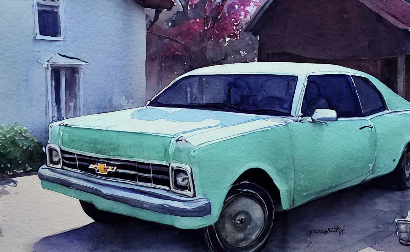 Image similar to a watercolor painting of a chevrolet opala parked near a 1 9 0 0 s house, digital painting, masterpiece, hyperrealistic, concept art, trending on deviantart, highly detailed, high quality, 4 k, symmetrical, low contrast, watercolor, warm, soft lighting, path traced, godrays, vintage, soft colors