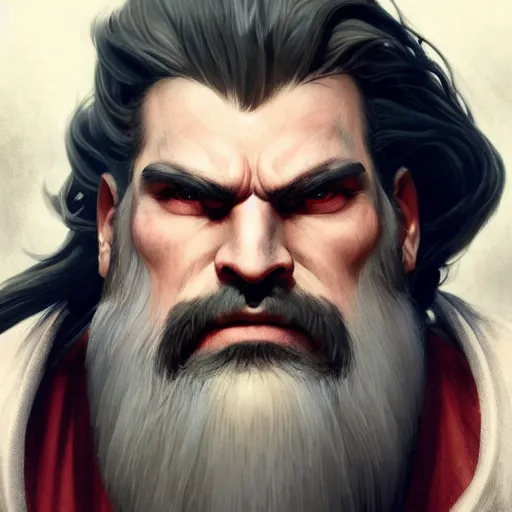 Image similar to dark fantasy character portrait of a huge muscular tall giant Reinhardt from Overwatch, long white hair and beard, a red scar over his left eye, intricate, wild, highly detailed, digital painting, artstation, upper body, concept art, smooth, sharp focus, illustration, art by artgerm and greg rutkowski and alphonse mucha