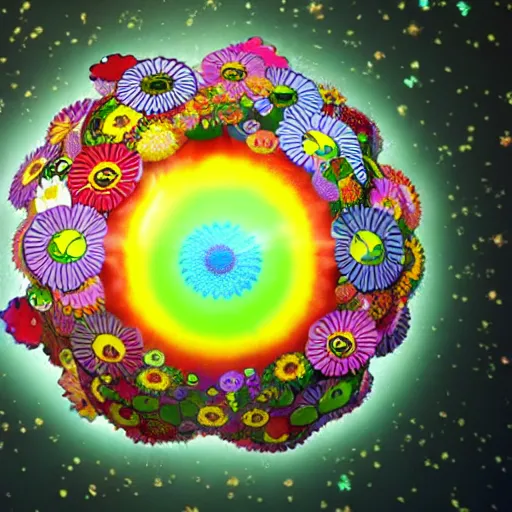 Image similar to Floral psychedelic apocalypse caused by the crashing of the Murakami flower meteor in the peaceful village, unreal engine 5 render, art by Takashi Murakami, Meteor made out of Murakami flowers