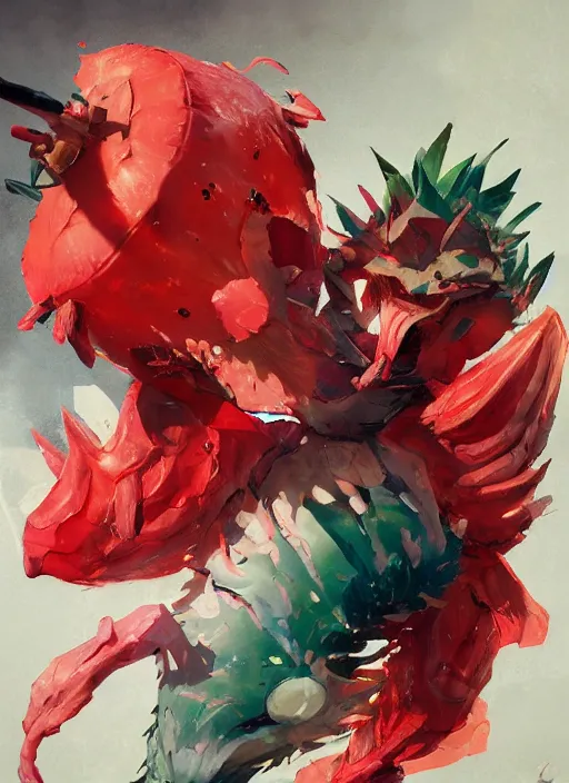 Image similar to semi reallistic gouache gesture painting, by yoshitaka amano, by ruan jia, by Conrad roset, by dofus online artists, detailed anime 3d render watermelon monster, watermelon terrible monster, anthropomorphic watermelon, portrait, cgsociety, artstation, rococo mechanical, Digital reality, sf5 ink style, dieselpunk atmosphere, gesture drawn