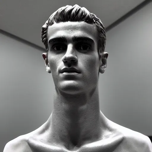 Image similar to “ a realistic detailed photo of a guy who is an attractive humanoid who is half robot and half humanoid, who is a male android, soccer player antoine griezmann, shiny skin, posing like a statue, blank stare, at the museum, on display ”