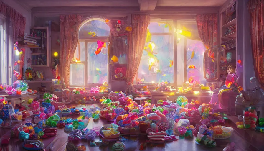 Image similar to house full of candies, sunlight through windows, hyperdetailed, artstation, cgsociety, 8 k