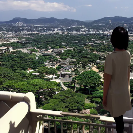 Image similar to makoto shinkai view from castle balcony overlooking kingdom