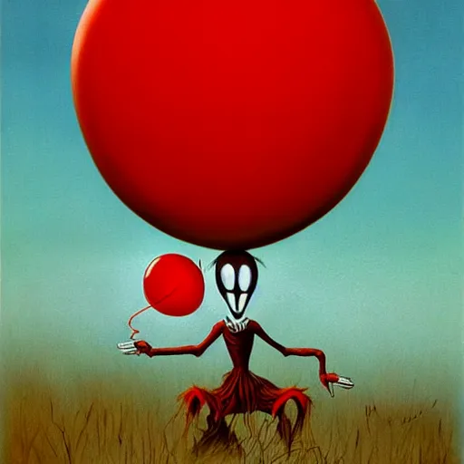 Prompt: painting of bugs bunny with a wide smile and a red balloon by Zdzisław Beksiński, loony toons style, pennywise style, corpse bride style, creepy lighting, horror theme, detailed, elegant, intricate, conceptual,