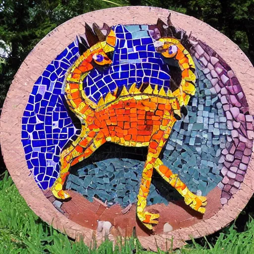 Image similar to mosaic sculpture of a alebrije chimera!!!, irregularly shaped large mosaic tiles, recycled pottery shards, in the style of folk art, in a cottagecore flower garden