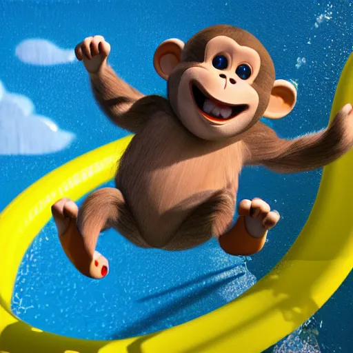 Prompt: multicolor 3 d render of happy monkey sliding down a waterslide by @ combrisi in 4 k ultra high resolution, with funny feeling