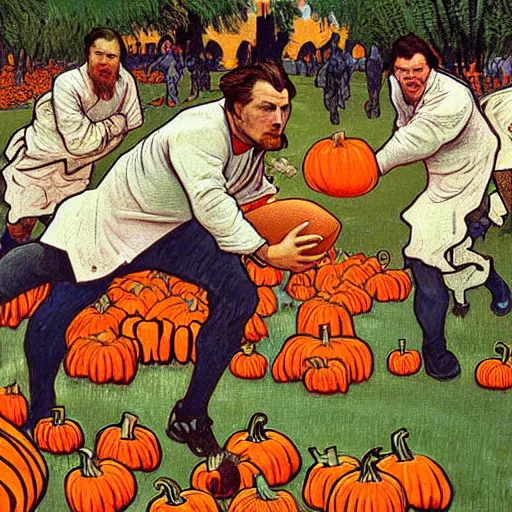 Image similar to painting of arkansas razorbacks playing football with pumpkins at the halloween! party, bubbling cauldron!, candles!, graveyard, gravestones, ghosts, smoke, autumn! colors, elegant, wearing suits!, clothes!, delicate facial features, art by alphonse mucha, vincent van gogh, egon schiele